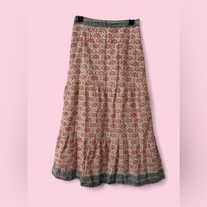 Victoria Dunn Block Print Maxi Skirt – Pink & Green Floral Fan Pattern, Size XS